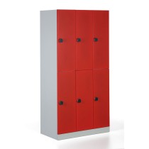 Kovová šatní skříňka s úložnými boxy, demontovaná, červené dveře, kódový zámek