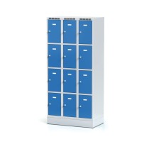Kovová šatníková skrinka na sokli s úložnými boxami, 12 boxov, modré dvere, cylindrický zámok