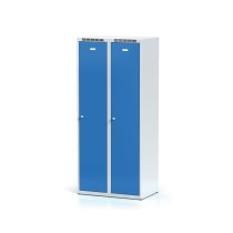 Kovová šatníková skrinka s medzistenou, 2-dverová, modré dvere, cylindrický zámok