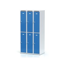 Kovová šatníková skrinka s úložnými boxami, 6 boxov, modré dvere, cylindrický zámok