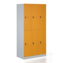 Kovová šatníková skrinka s úložnými boxami, demontovaná, oranžové dvere, cylindrický zámok