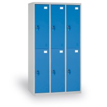 Kovová šatňová skrinka s úložnými boxami, 6 boxov, modré dvere, cylindrický zámok