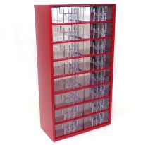 Kovová závěsná skříňka se zásuvkami, 16 zásuvek, červená