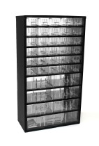 Kovová závěsná skříňka se zásuvkami, 37 zásuvek, černá