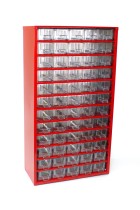 Kovová závěsná skříňka se zásuvkami, 60 zásuvek, červená