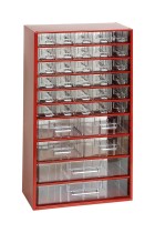 Kovová závesná skrinka so zásuvkami, 36 zásuviek, červená