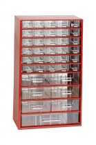 Kovová závesná skrinka so zásuvkami, 37 zásuviek, červená