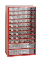 Kovová závesná skrinka so zásuvkami, 48 zásuviek, červená