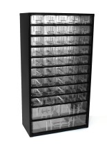 Kovová závesná skrinka so zásuvkami, 48 zásuviek, čierna