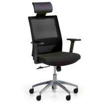Krzesło biurowe z oparciem z siatki WOLF II, regulowane podłokietniki, aluminiowy krzyżak, czarne