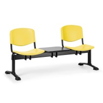 Kunststoff-Wartezimmerbank, Traversenbank ISO, 2-sitzig + Tisch, gelb, schwarze Füße