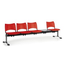 Ławka do poczekalni plastikowa VISIO, 4 siedzenia + stołek, czerwony, chromowane nogi