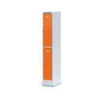 Metallspind auf Sockel mit Aufbewahrungsboxen, 2 Boxen, Tür orange, Drehriegelschloss
