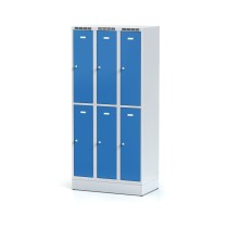Metallspind auf Sockel mit Aufbewahrungsboxen, 6 Boxen, blaue Tür, Drehriegelschloss