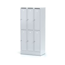Metallspind auf Sockel mit Aufbewahrungsboxen, 6 Boxen, graue Tür, Drehriegelschloss