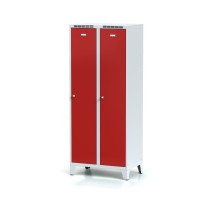 Metallspind mit Zwischenwand auf Füßen, 2-türig, rote Tür, Drehriegelschloss