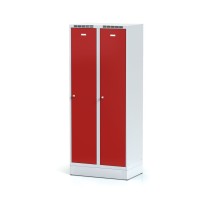 Metallspind mit Zwischenwand auf Sockel, 2-türig, rote Tür, Drehriegelschloss