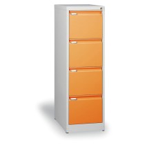 Metalowa szafa kartotekowa A4, 4 pomarańczowe szuflady, szary korpus