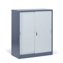 Metalowa szafa z przesuwnymi drzwiami, demontowana, 2 półki, 1000 x 1200 x 450 mm, jasnoszary