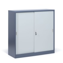 Metalowa szafa z przesuwnymi drzwiami, demontowana, 2 półki, 1200 x 1200 x 450 mm, jasnoszary