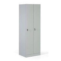 Metalowa szafka ubraniowa, rozłożona, szare drzwi, zamek cylindryczny