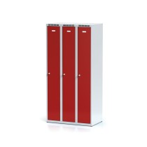 Metalowa szafka ubraniowa trzydrzwiowa, czerwone drzwi, zamek cylindryczny