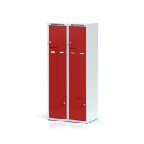 Metalowa szafka ubraniowa Z, 4 przegródki, drzwi czerwone, zamek obrotowy
