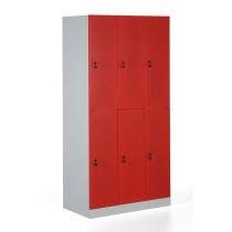Metalowa szafka ubraniowa z komorami, rozłożona, czerwone drzwi, zamek cylindryczny