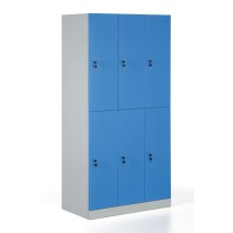 Metalowa szafka ubraniowa z komorami, rozłożona, niebieskie drzwi, zamek cylindryczny