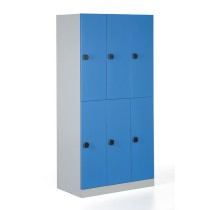 Metalowa szafka ubraniowa z komorami, rozłożona, niebieskie drzwi, zamek kodowy