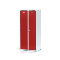 Metalowa szafka ubraniowa z przegrodą, 2-drzwiowa, czerwone drzwi, zamek cylindryczny