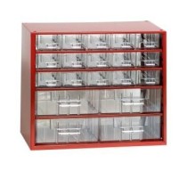 Metalowe szafki z szufladami, 19 szuflad, czerwony