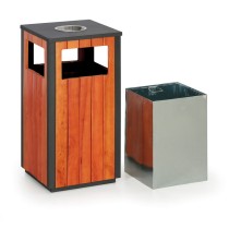 Mülleimer mit Aschenbecher für draußen, 380 x 380 x 755 mm, Schwarz / Holzekor