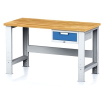 Nastaviteľný dielenský stôl MECHANIC I, závesný box na náradie, 1 zásuvka, 1500x700x700-1055 mm, modré dvere