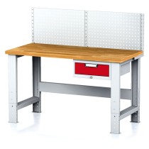 Nastaviteľný dielenský stôl MECHANIC I, závesný box na náradie, nadstavba, 1 zásuvka, 1500x700x700-1055 mm, červené
