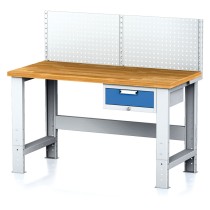 Nastaviteľný dielenský stôl MECHANIC I, závesný box na náradie, nadstavba, 1 zásuvka, 1500x700x700-1055 mm, modré