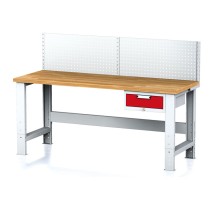 Nastaviteľný dielenský stôl MECHANIC I, závesný box na náradie, nadstavba, 1 zásuvka, 2000x700x700-1055 mm, červené