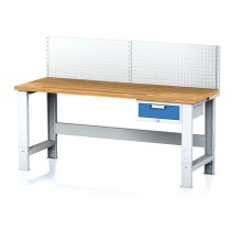 Nastaviteľný dielenský stôl MECHANIC I, závesný box na náradie, nadstavba, 1 zásuvka, 2000x700x700-1055 mm, modré