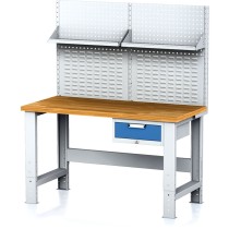 Nastaviteľný dielenský stôl MECHANIC I, závesný box na náradie, nadstavba, polica, 1 zásuvka, 1500x700x700-1055 mm, modré