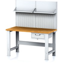 Nastaviteľný dielenský stôl MECHANIC I , závesný box na náradie, nadstavba, polica, 1 zásuvka, 1500x700x700-1055 mm, sivé