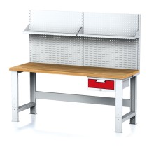 Nastaviteľný dielenský stôl MECHANIC I, závesný box na náradie, nadstavba, polica, 1 zásuvka, 2000x700x700-1055 mm, červené