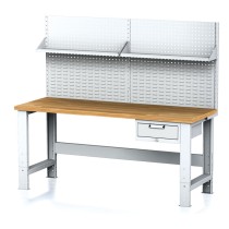 Výškovo nastaviteľný dielenský stôl MECHANIC I so závesným boxom na náradie, nadstavbou a policou, 1 zásuvka, 2000x700x700-1055 mm