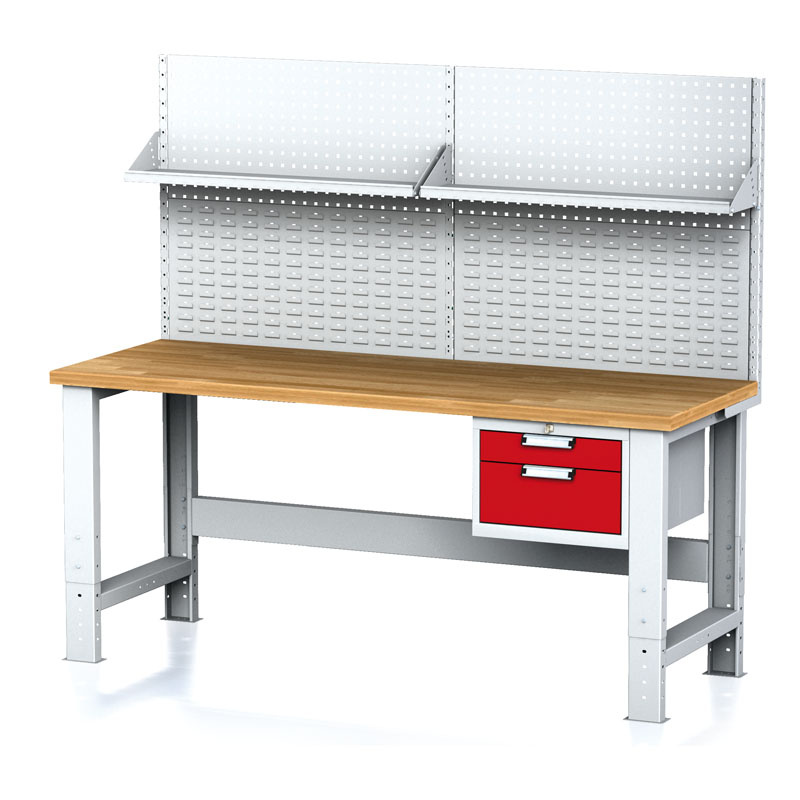 Nastaviteľný dielenský stôl MECHANIC I , závesný box na náradie, nadstavba, polica, 2 zásuvky, 2000x700x700-1055 mm, červe
