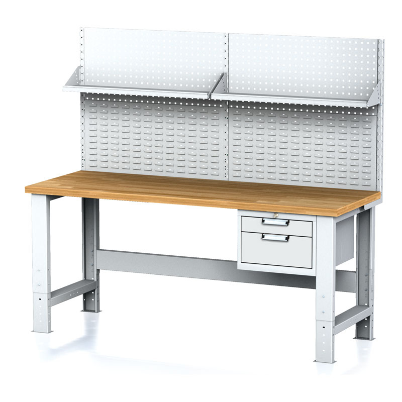 Nastaviteľný dielenský stôl MECHANIC I, závesný box na náradie, nadstavba, polica, 2 zásuvky, 2000x700x700-1055 mm, sivé