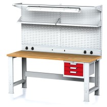 Nastaviteľný dielenský stôl MECHANIC I + závesný box, nadstavba, polica, el. zásuvky a osvetlenie, 3 zásuvky, 2000x700x700-1055 mm, červené