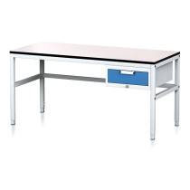 Nastaviteľný dielenský stôl MECHANIC II, 1 zásuvkový box na náradie, 1600x700x745-985 mm, sivá/modrá