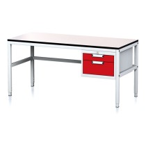 Nastaviteľný dielenský stôl MECHANIC II, 2 zásuvkový box na náradie, 1600x700x745-985 mm, sivá/červená
