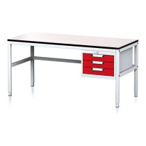 Nastaviteľný dielenský stôl MECHANIC II, 3 zásuvkový box na náradie, 1600x700x745-985 mm, sivá/červená