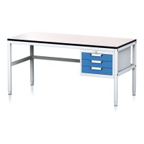 Nastaviteľný dielenský stôl MECHANIC II, 3 zásuvkový box na náradie, 1600x700x745-985 mm, sivá/modrá