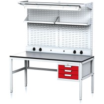 Nastaviteľný dielenský stôl MECHANIC II, perfopanel, police, zásuvky, osvetlenie, 3 zásuvkový box na náradie, 1600x700x745-985 mm, sivá/červená
